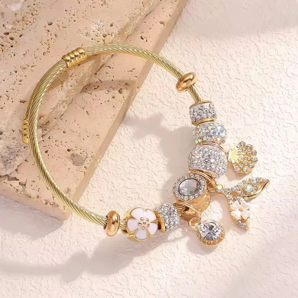 Ocean Glow Gold Charm Sparkling Beads & Nautical Charms Bracelet